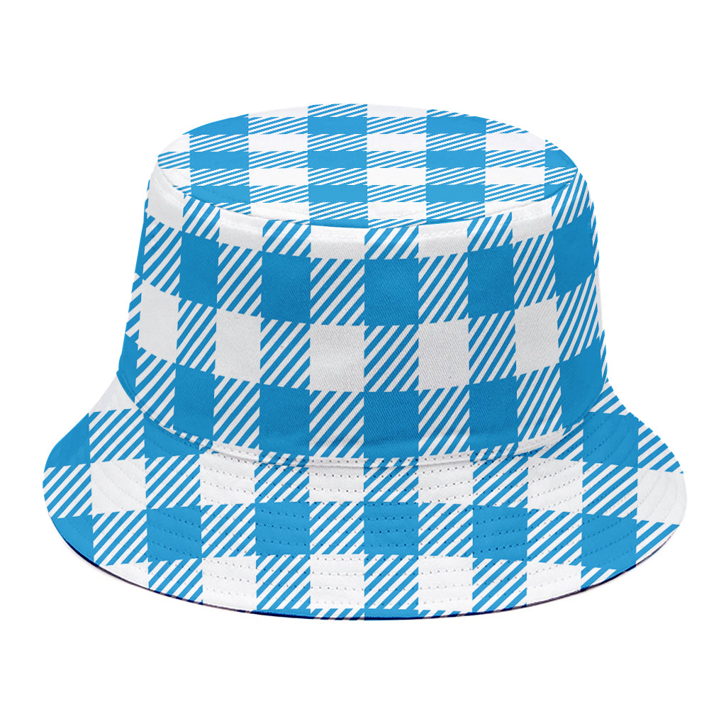 Azure Blue And White Gingham Print Bucket Hat