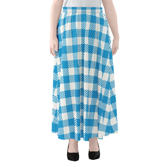 Azure Blue And White Gingham Print Chiffon Maxi Skirt