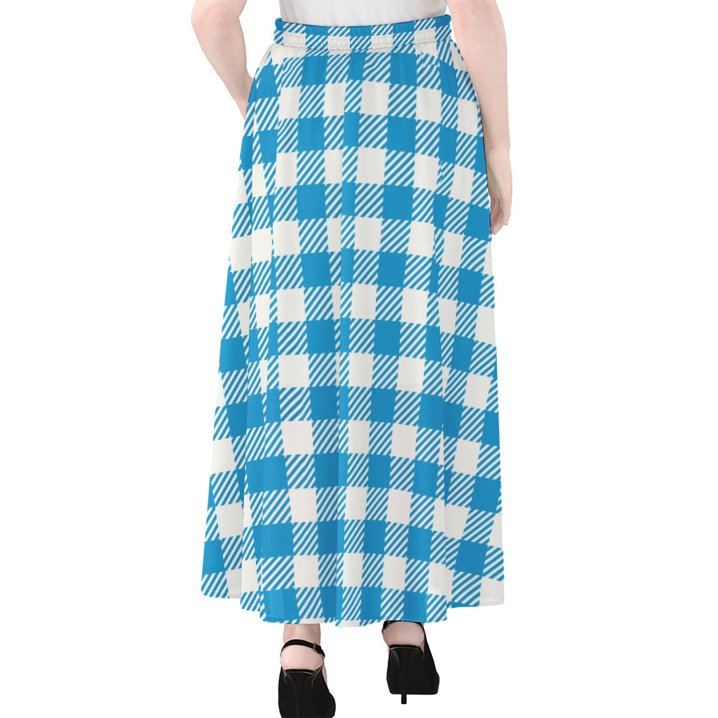 Azure Blue And White Gingham Print Chiffon Maxi Skirt