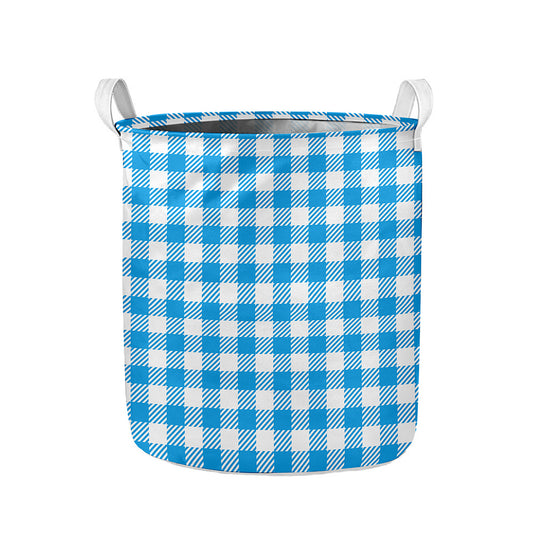Azure Blue And White Gingham Print Collapsible Laundry Basket