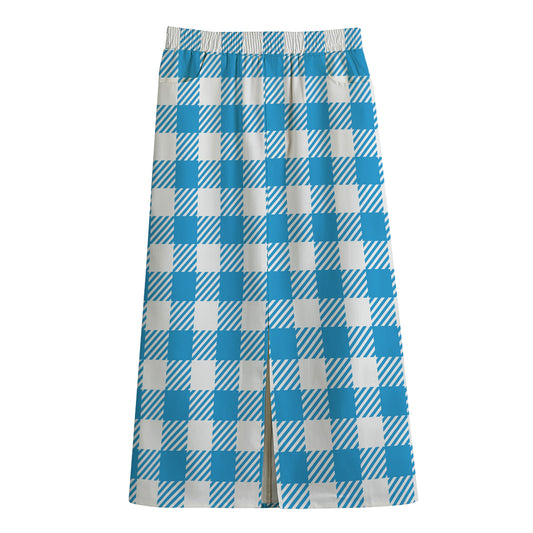 Azure Blue And White Gingham Print Cotton Front Slit Maxi Skirt
