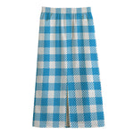 Azure Blue And White Gingham Print Cotton Front Slit Maxi Skirt