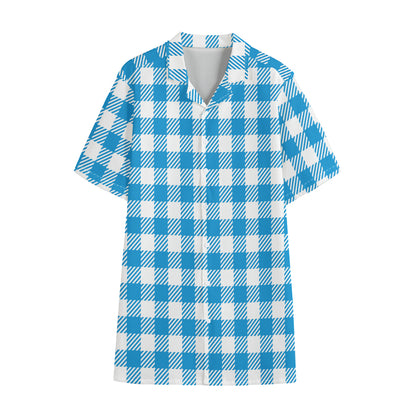 Azure Blue And White Gingham Print Cotton Hawaiian Shirt
