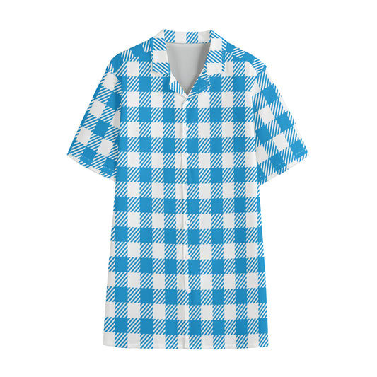 Azure Blue And White Gingham Print Cotton Hawaiian Shirt