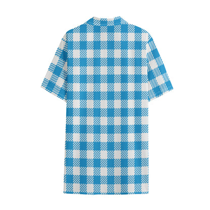 Azure Blue And White Gingham Print Cotton Hawaiian Shirt