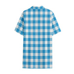 Azure Blue And White Gingham Print Cotton Hawaiian Shirt