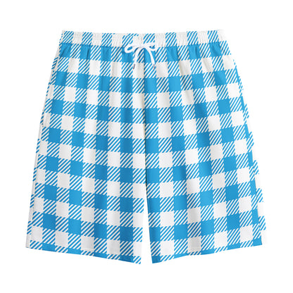 Azure Blue And White Gingham Print Cotton Shorts