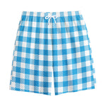 Azure Blue And White Gingham Print Cotton Shorts