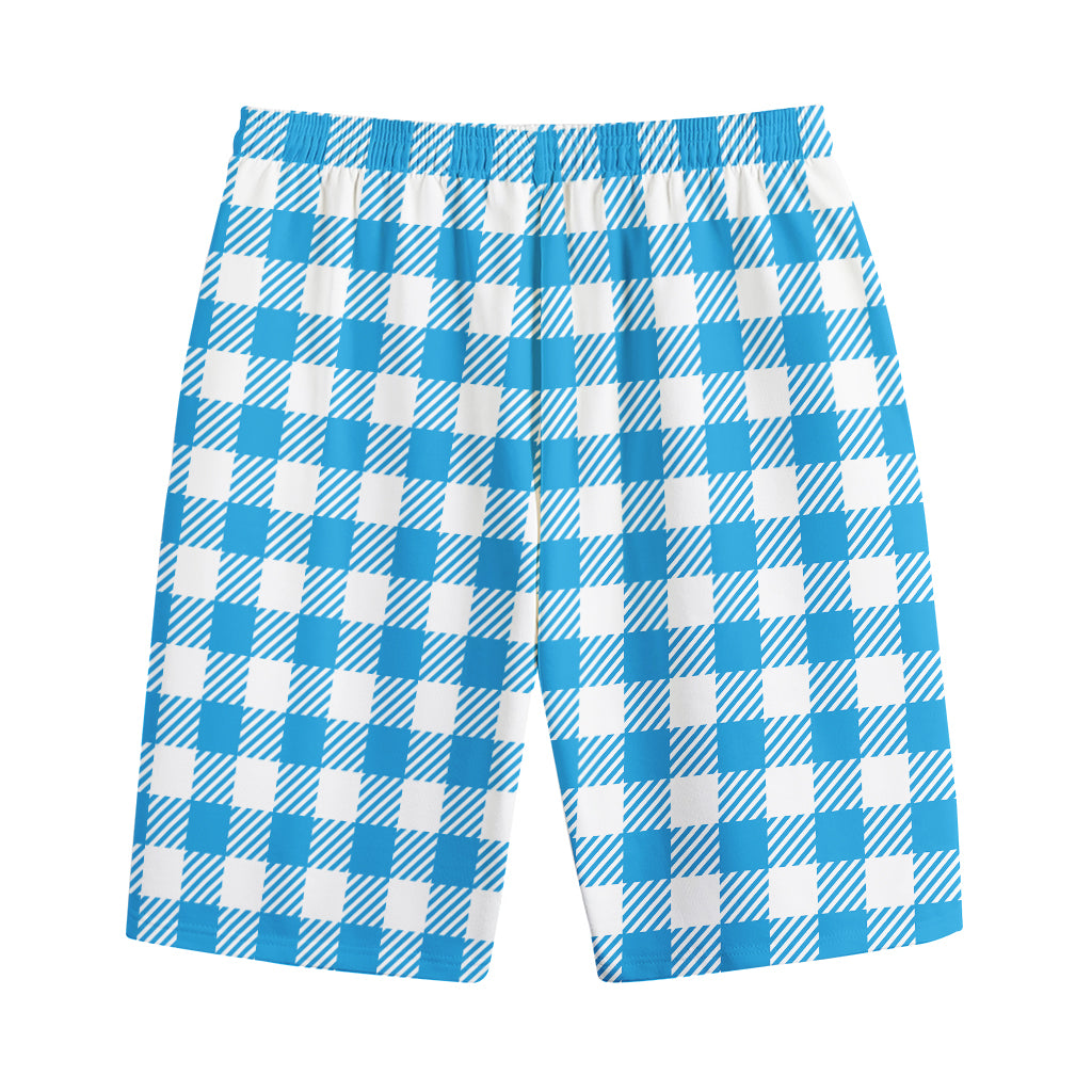 Azure Blue And White Gingham Print Cotton Shorts
