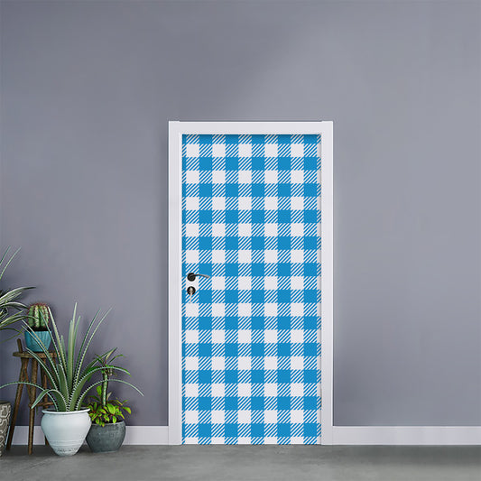 Azure Blue And White Gingham Print Door Sticker