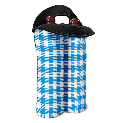 Azure Blue And White Gingham Print Double Neoprene Wine Tote