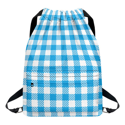 Azure Blue And White Gingham Print Drawstring Backpack