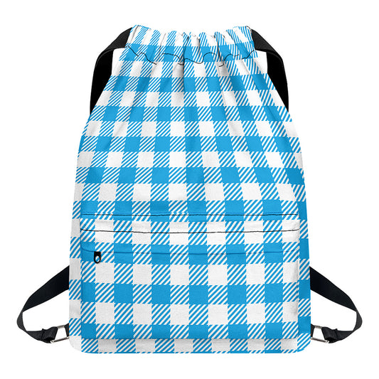 Azure Blue And White Gingham Print Drawstring Backpack