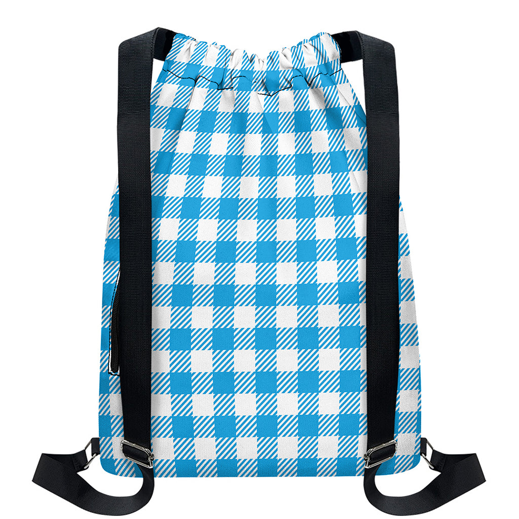 Azure Blue And White Gingham Print Drawstring Backpack