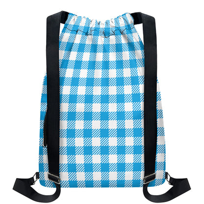 Azure Blue And White Gingham Print Drawstring Backpack
