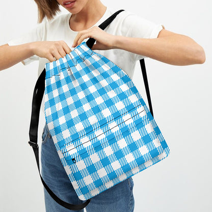 Azure Blue And White Gingham Print Drawstring Backpack