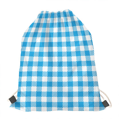 Azure Blue And White Gingham Print Drawstring Bag