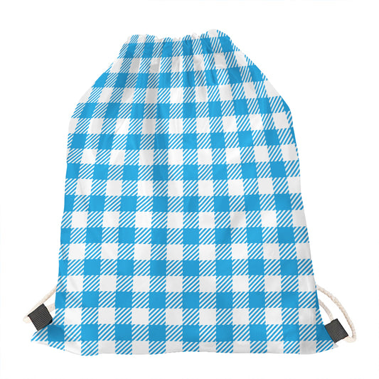 Azure Blue And White Gingham Print Drawstring Bag