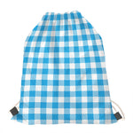 Azure Blue And White Gingham Print Drawstring Bag