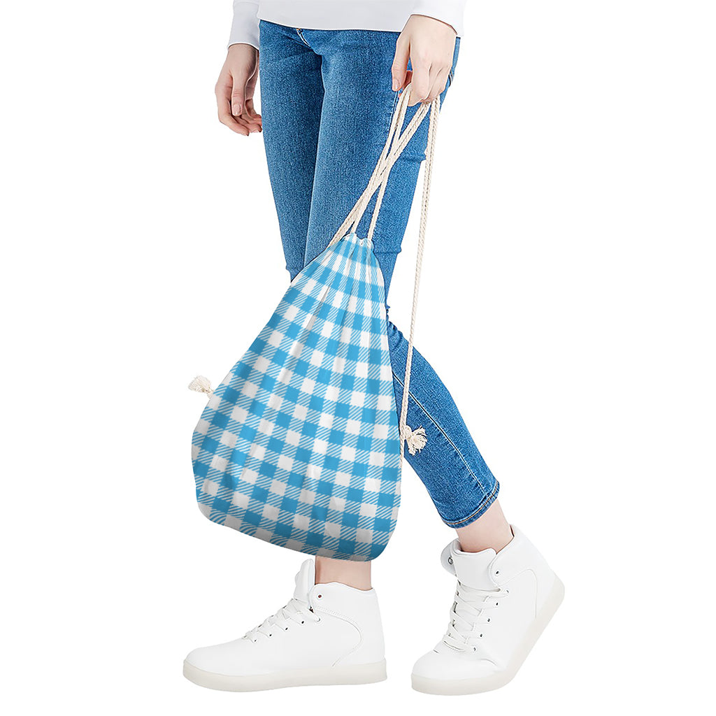 Azure Blue And White Gingham Print Drawstring Bag