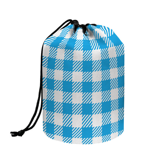 Azure Blue And White Gingham Print Drawstring Makeup Bag