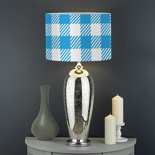 Azure Blue And White Gingham Print Drum Lamp Shade