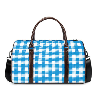 Azure Blue And White Gingham Print Duffle Bag