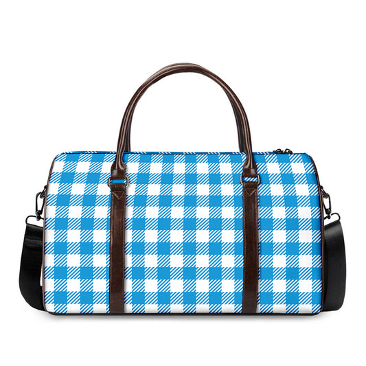 Azure Blue And White Gingham Print Duffle Bag