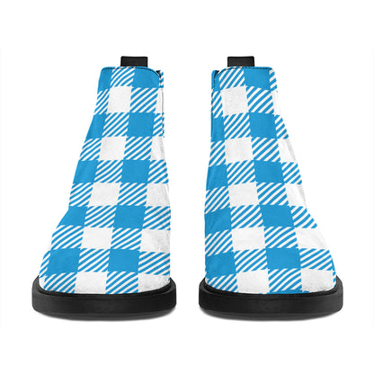 Azure Blue And White Gingham Print Flat Ankle Boots