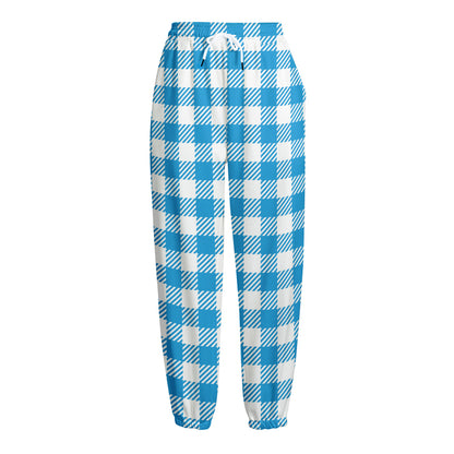 Azure Blue And White Gingham Print Fleece Lined Knit Pants