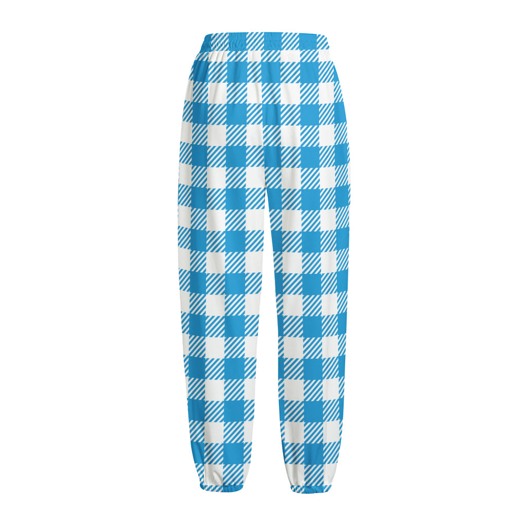 Azure Blue And White Gingham Print Fleece Lined Knit Pants