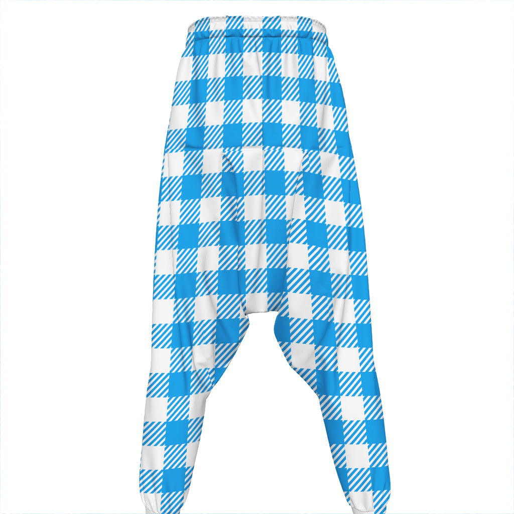 Azure Blue And White Gingham Print Hammer Pants