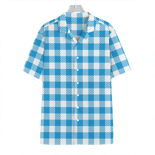 Azure Blue And White Gingham Print Hawaiian Shirt