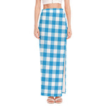 Azure Blue And White Gingham Print High Slit Maxi Skirt