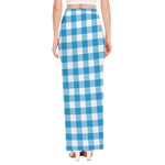 Azure Blue And White Gingham Print High Slit Maxi Skirt