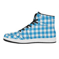 Azure Blue And White Gingham Print High Top Leather Sneakers