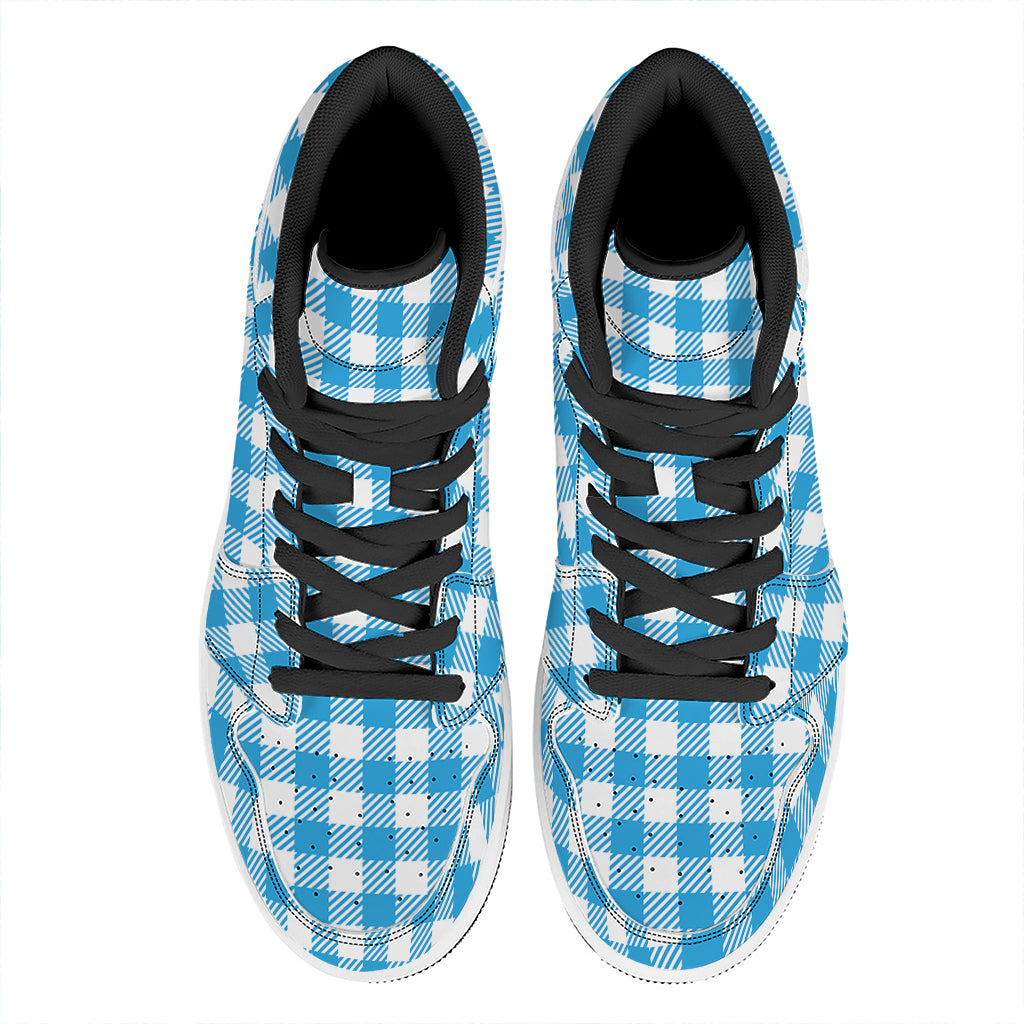 Azure Blue And White Gingham Print High Top Leather Sneakers
