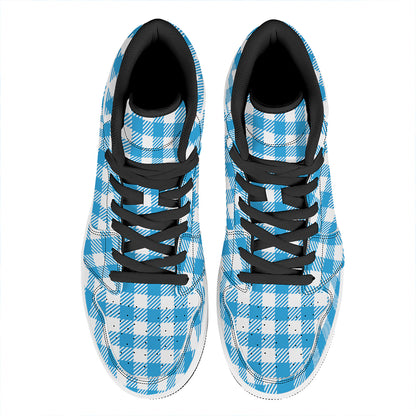 Azure Blue And White Gingham Print High Top Leather Sneakers