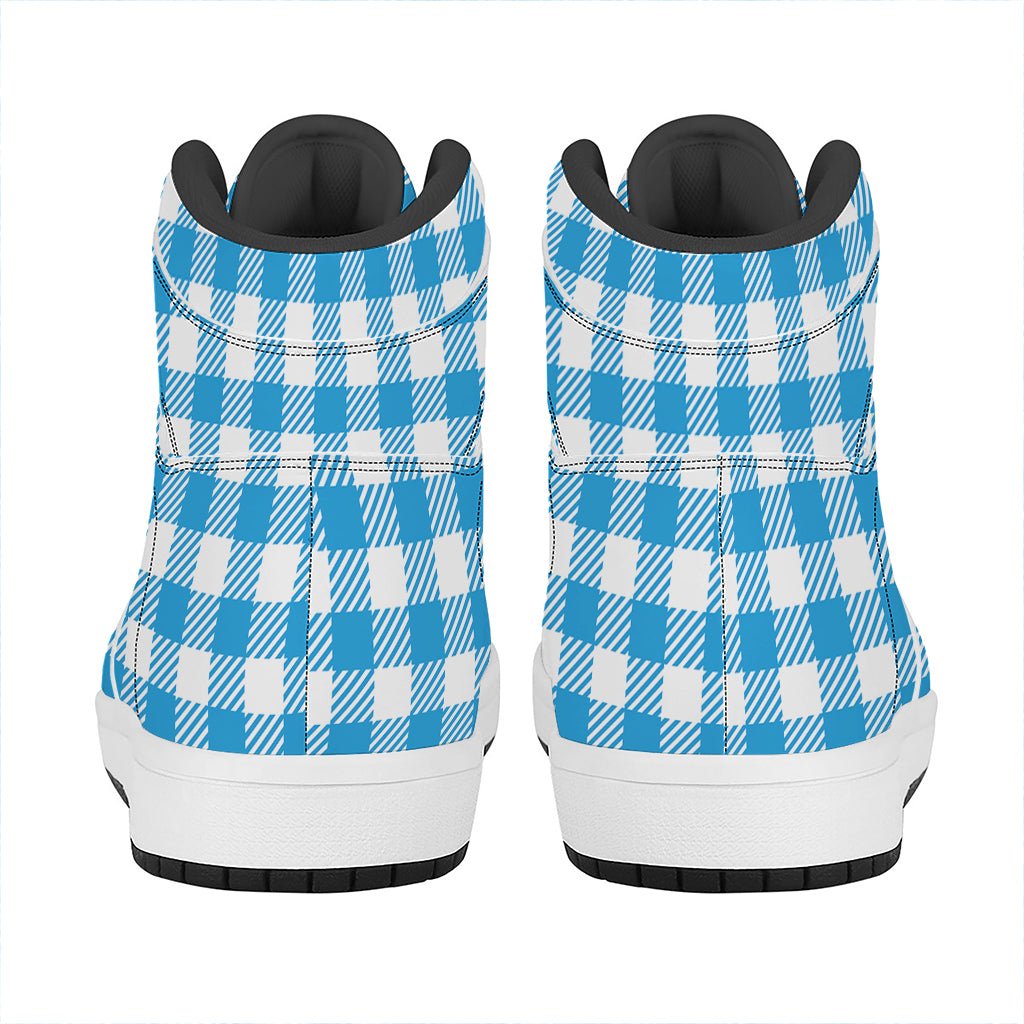 Azure Blue And White Gingham Print High Top Leather Sneakers
