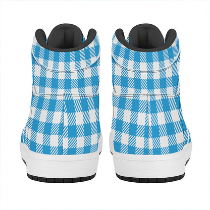 Azure Blue And White Gingham Print High Top Leather Sneakers