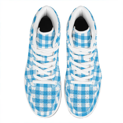 Azure Blue And White Gingham Print High Top Leather Sneakers