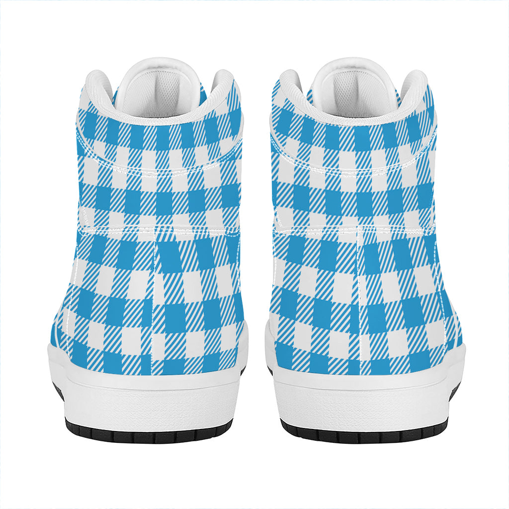 Azure Blue And White Gingham Print High Top Leather Sneakers