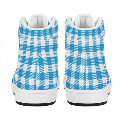 Azure Blue And White Gingham Print High Top Leather Sneakers