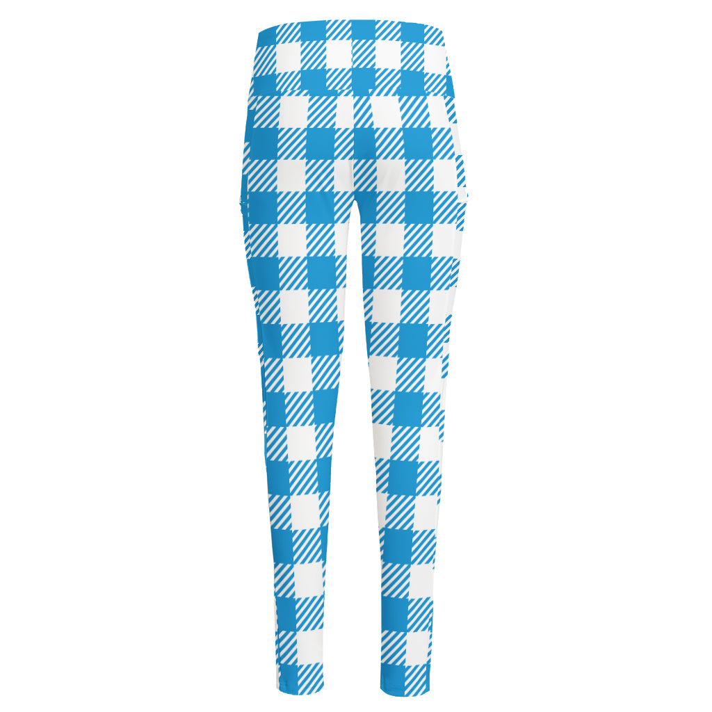 Azure Blue And White Gingham Print High-Waisted Pocket Leggings