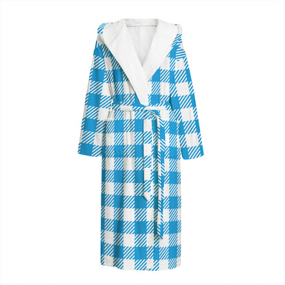 Azure Blue And White Gingham Print Hooded Bathrobe