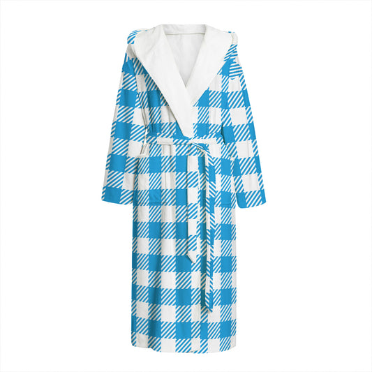 Azure Blue And White Gingham Print Hooded Bathrobe