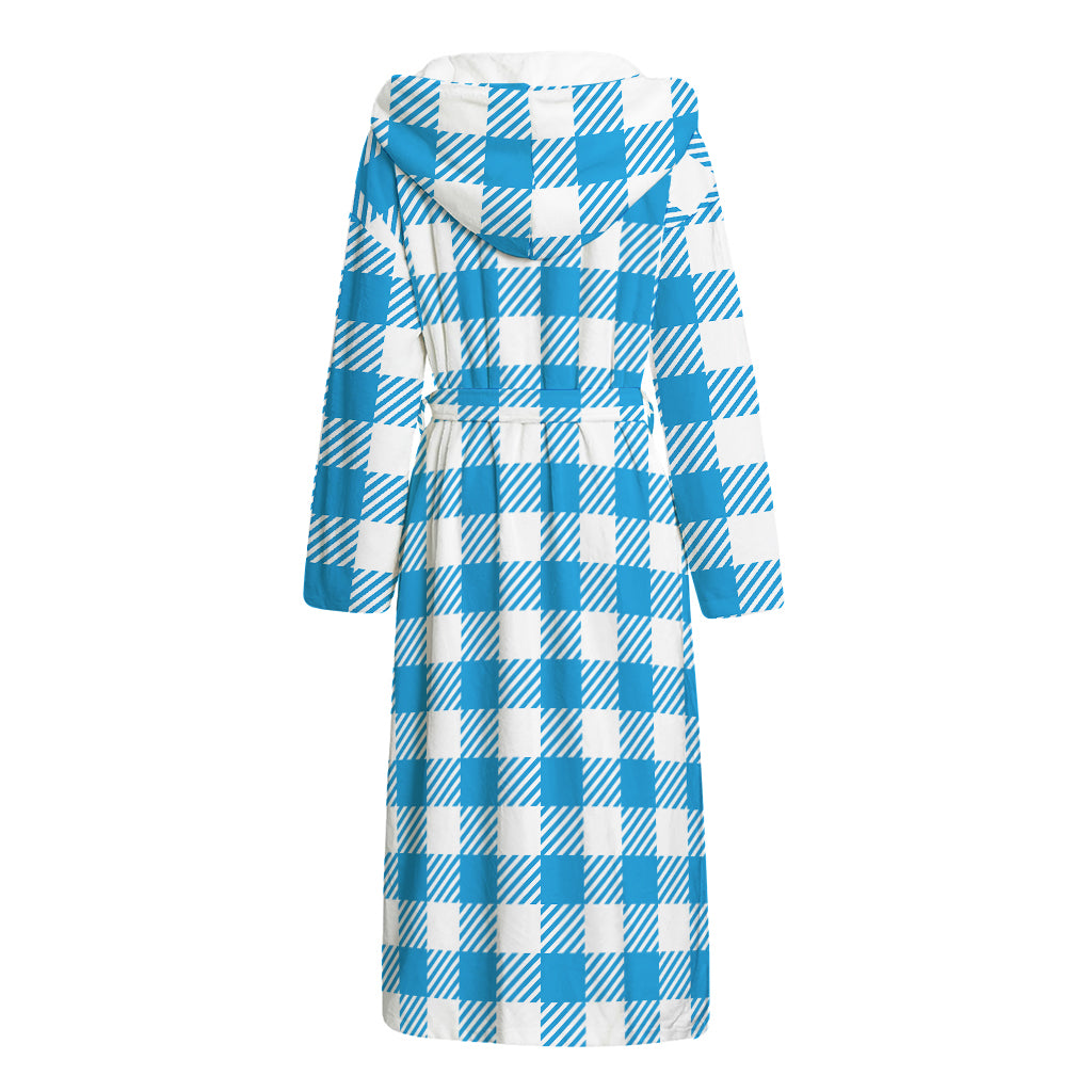 Azure Blue And White Gingham Print Hooded Bathrobe