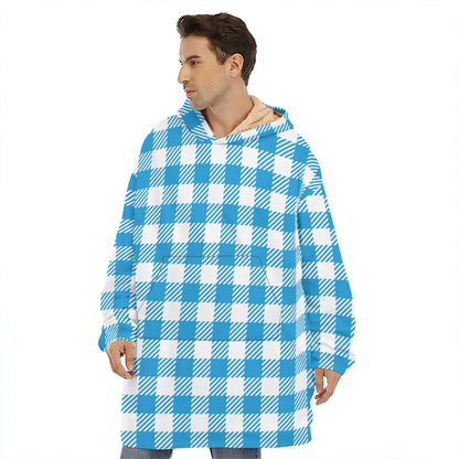 Azure Blue And White Gingham Print Hoodie Blanket