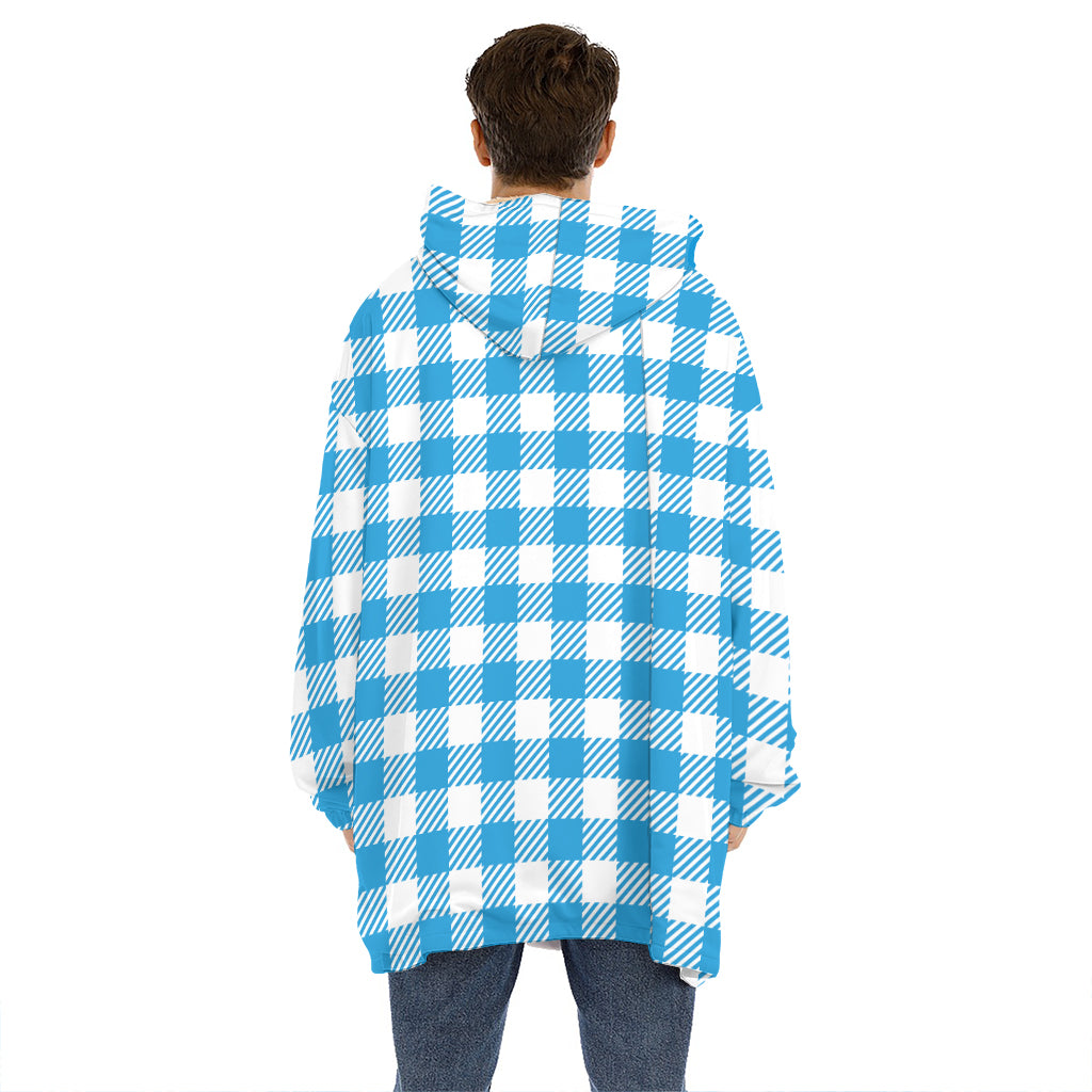 Azure Blue And White Gingham Print Hoodie Blanket