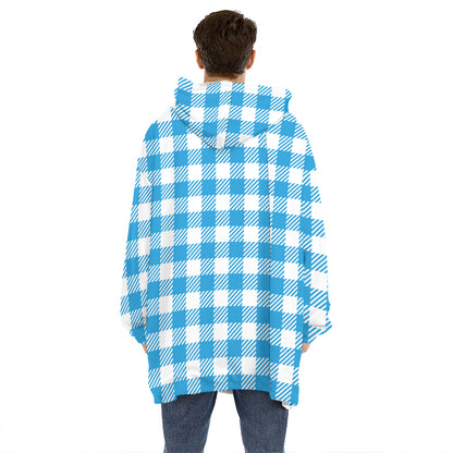 Azure Blue And White Gingham Print Hoodie Blanket
